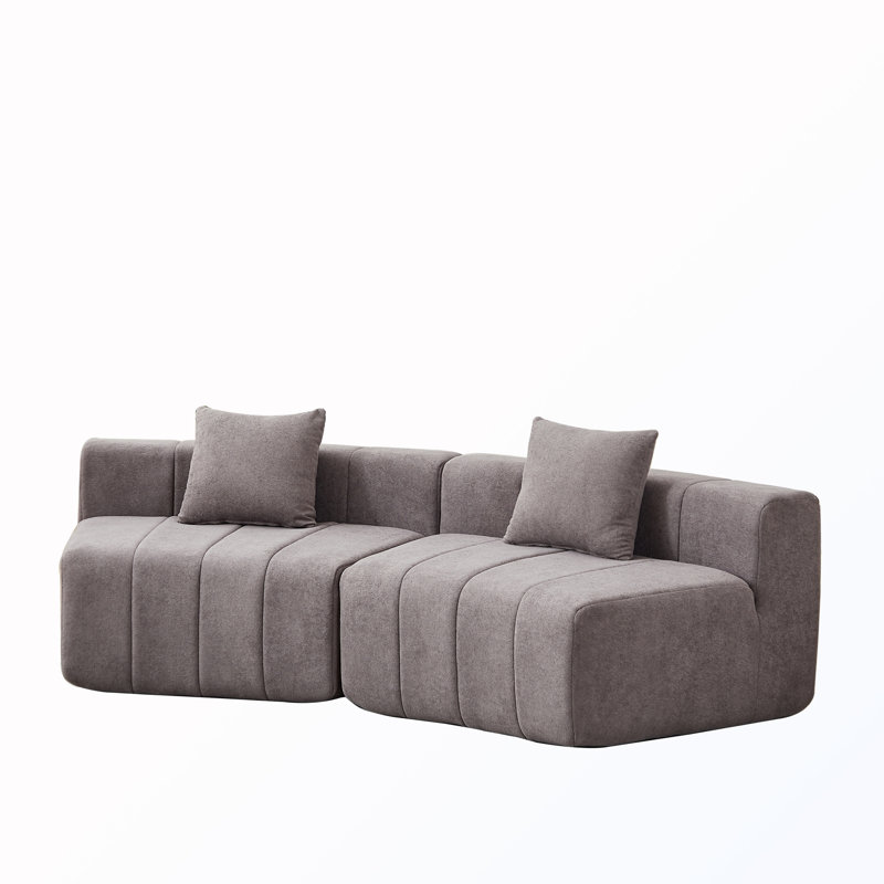 Curved Sectional Sofa With 2 Pillows, Gray Chenille