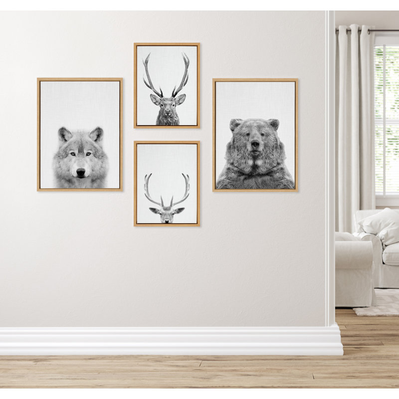 Chevreuil, loup, ours européen et Cervus Elaphus, le cerf élaphe, noir et blanc par Simon Te, reproduction d'art sur toile encadrée