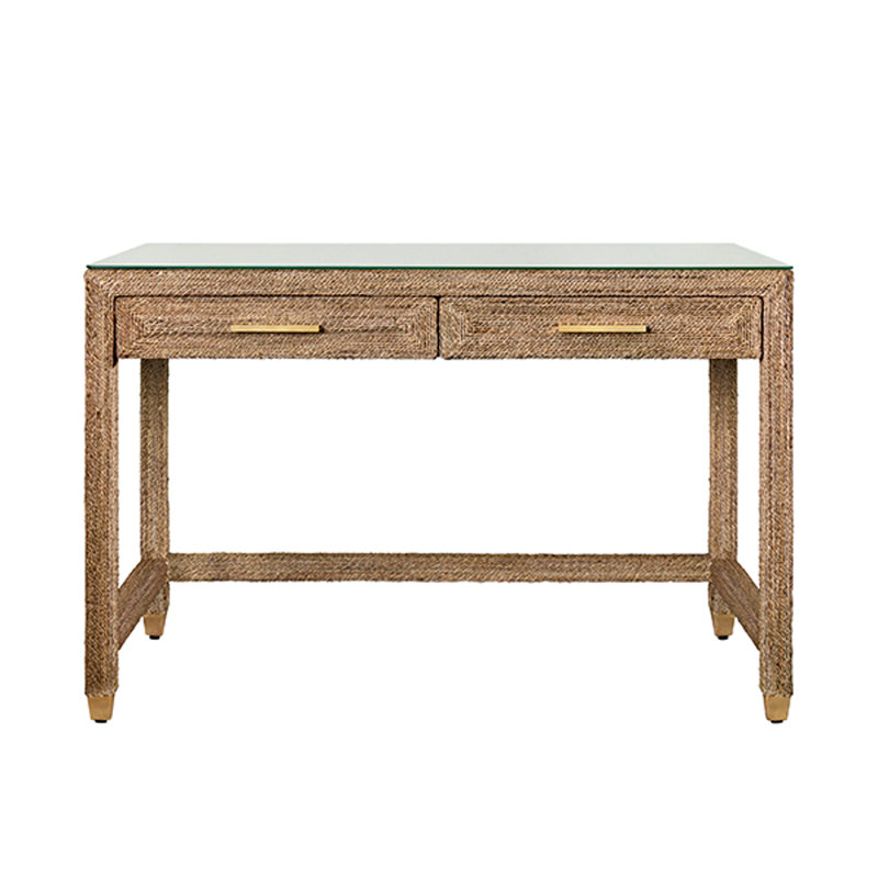 Two Drawer Desk in Wrapped Rope with Glass Top and Brass Foot Caps