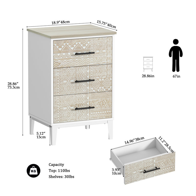 Lataja 3-Drawer Nightstand 28"H End Table White frame carved surface