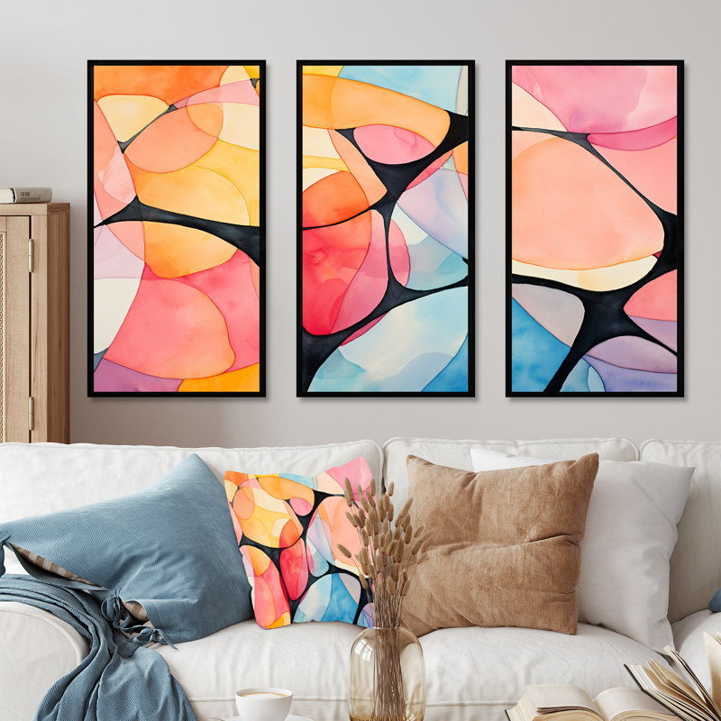 Carreaux de couleurs douces géométriques III - art mural géométrique, Cadre flottant noir, H 28 po x l 36 po x P 1 po