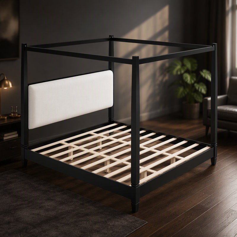 Lit plateforme à baldaquin avec tête de lit, Très grand lit, Noir