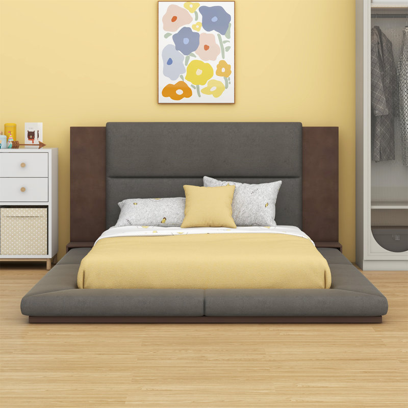 Floor Upholstered Platform Bed With Extended Wood Headboard & Bedside Shelf, Queen
