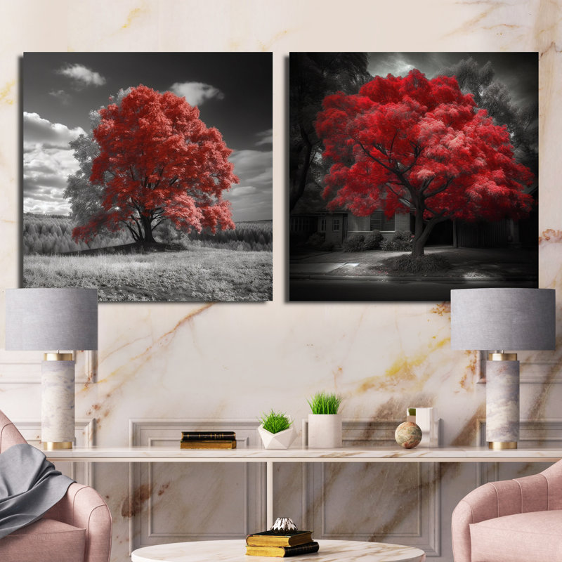 Red Tree Blossom Haven - Ensemble de 2 collages carrés à motif floral, H 16 po x l 33 po, Toile tendue