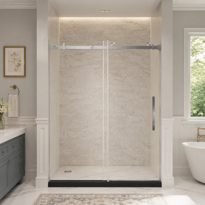 Porte de douche coulissante simple sans cadre l 44-48 "x H 76", verre trempé 1/4 ", nickel brossé