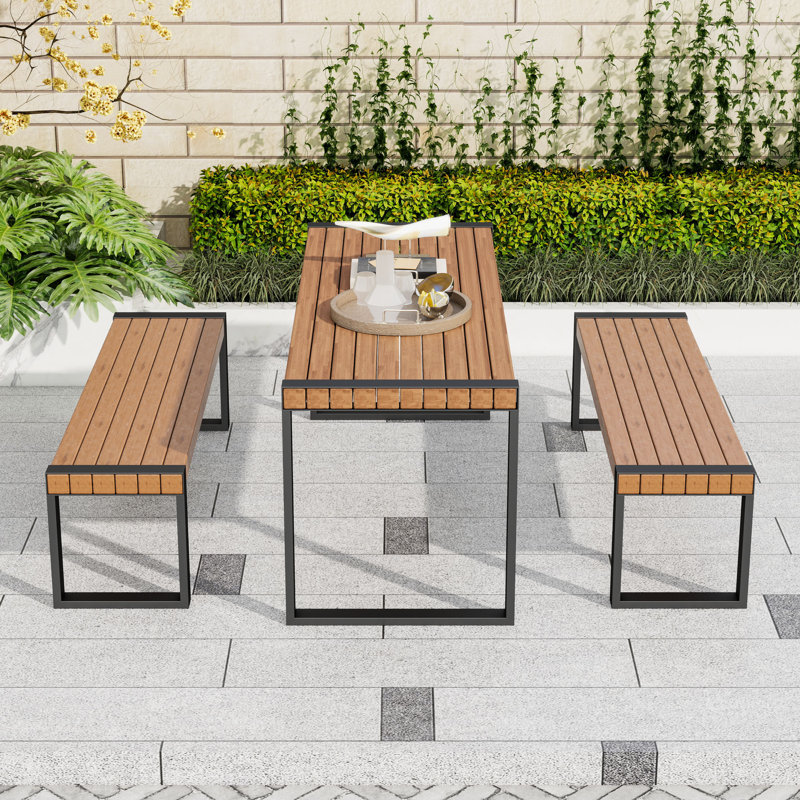 3-Piece Outdoor Dining Table Set with Patio Table, 2 Benches, Acacia Wood Top and Steel Frame