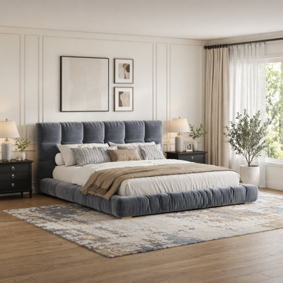 Queen Size Upholstered Velvet Platform Bed with Channel Tufted Headboard