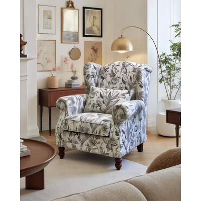Fauteuil American-Vintage avec structure en bois massif et revêtement en tissu jacquard pour la chambre à coucher et le salon.