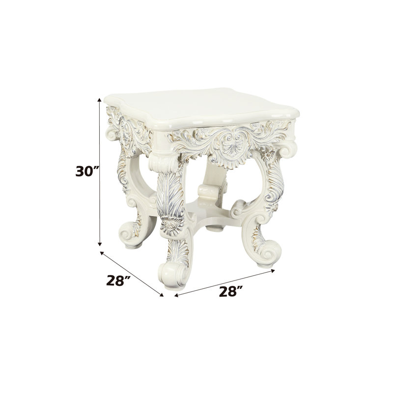 Table basse carrée avec table de bout et finition florale blanche antique et poids de sculpture