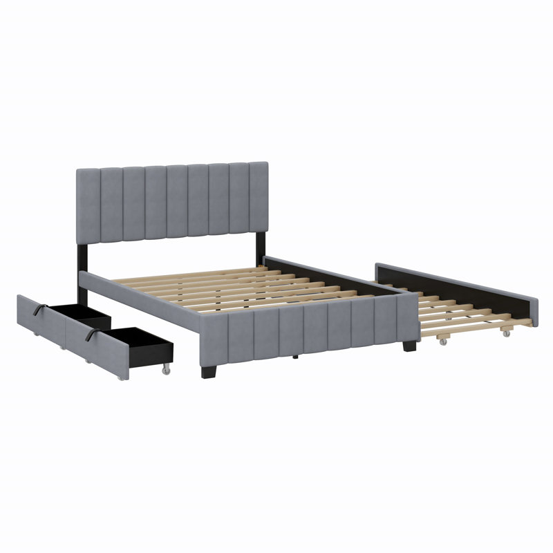 Lit plateforme tapissier avec tiroirs et lit gigogne, Gris