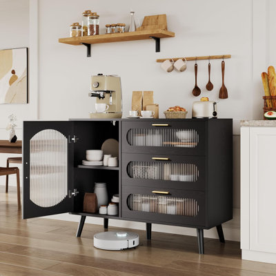Buffet Cabinet with Storage, Sideboard Cabinet with Fluted Glass Door and Drawers, Black Sideboard for Kitchen, Dining Room, Living Room