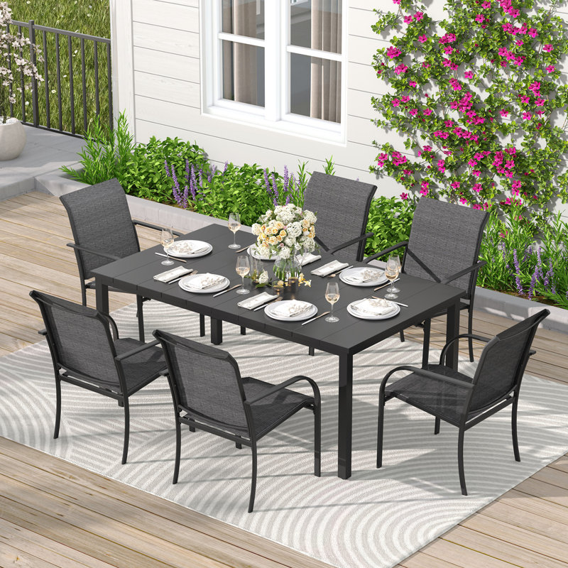 Leyre 6 - Person Metal Patio Dining Set with Rectangular Table, Black/Gray