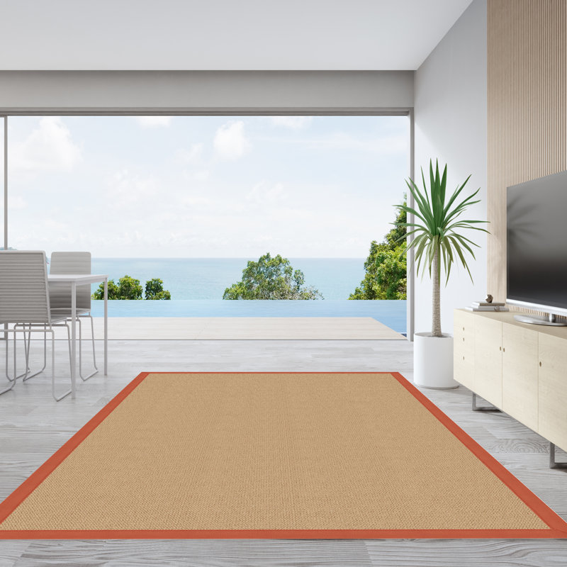 Tapis fabriqué à la main aux États-Unis avec bordure en coton orange brûlé Nannette, Rectangle 9 pi 10 po x 13 pi