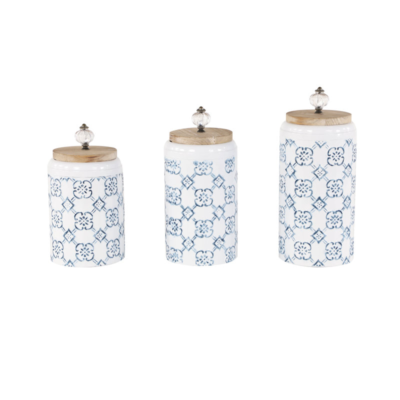 Metal Canister - Set of 3, White/Blue
