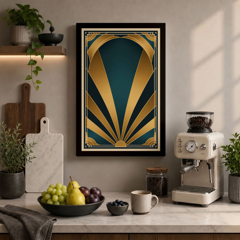 Sunburst Art Deco - Wrapped Canvas, 36x24 - 91.4 x 61.0 cm, Teal Border
