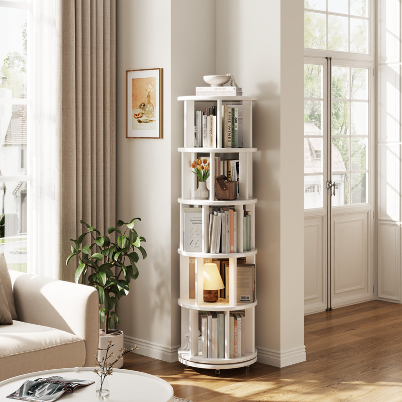 Oliver 360° Rotating Solid Wood Bookshelf, Equipped with Brake Wheels, Allowing for Flexible Adjustment, White