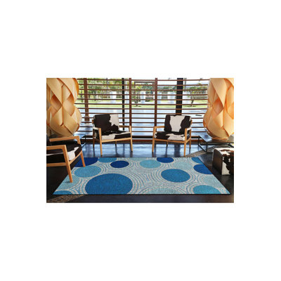 Modern Round Light Blue Patterned Woven Base Washable Rug