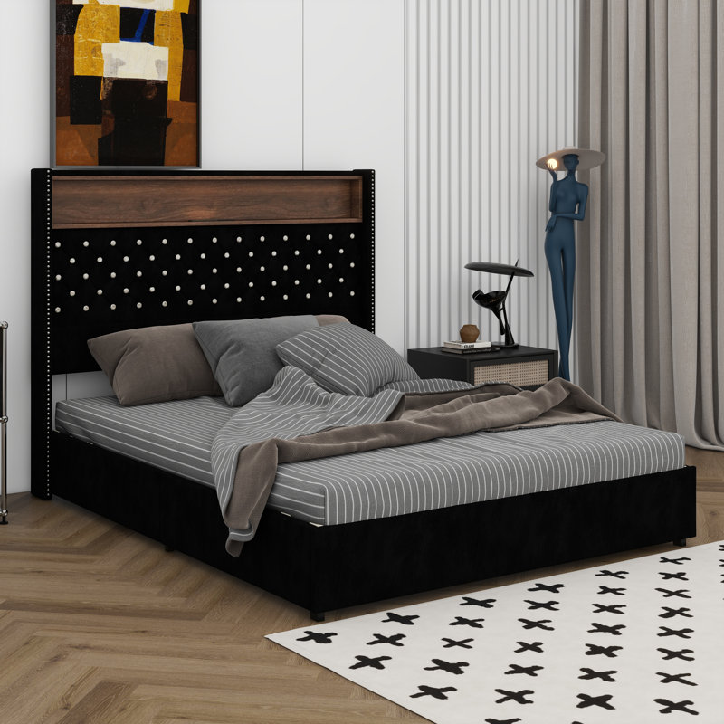 Lit pour grand lit avec port USB et veilleuse, lit plateforme à oreilles avec tablette de tête de lit, lit moelleux capitonné en velours