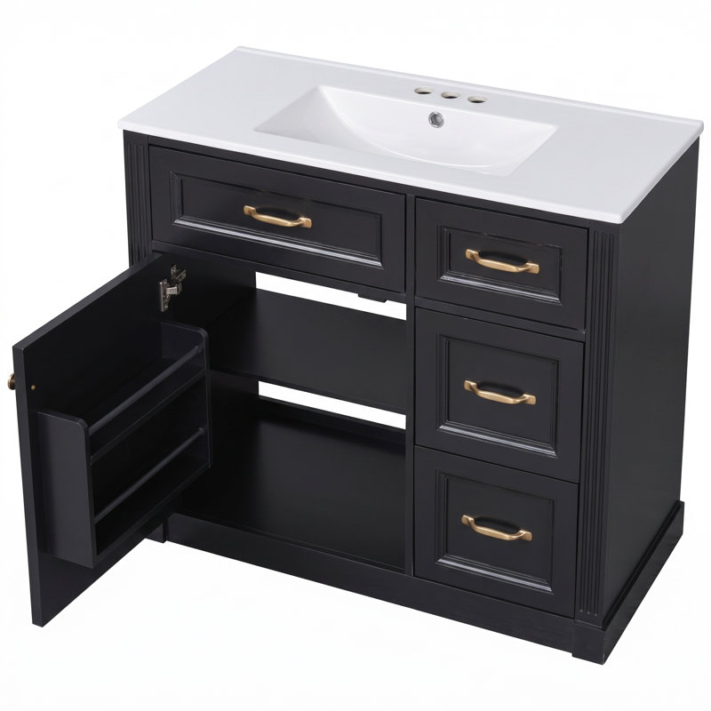 Meuble-lavabo autoportant de 91 cm (36 po) avec lavabo simple, noir, comptoir en céramique et porte d'armoire à fermeture amortie.