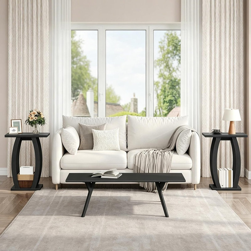Ensemble de 2 tables d'appoint noires avec tablette de rangement, tables de chevet incurvées modernes pour le salon, la chambre et les petits espaces