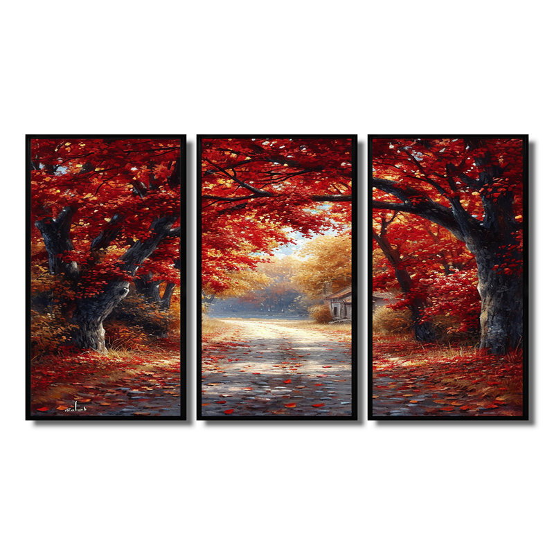 Red Autumn Road Coming Home - Ensemble d'art mural arbre, Cadre flottant noir, H 32 po x l 48 po x P 1 po