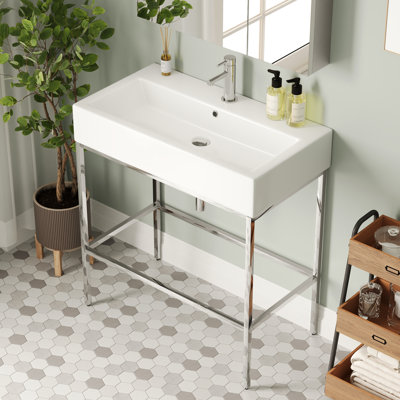 Ceramic White Rectangular Single Faucet Hole 32 in Console Bathroom Sink with Overflow