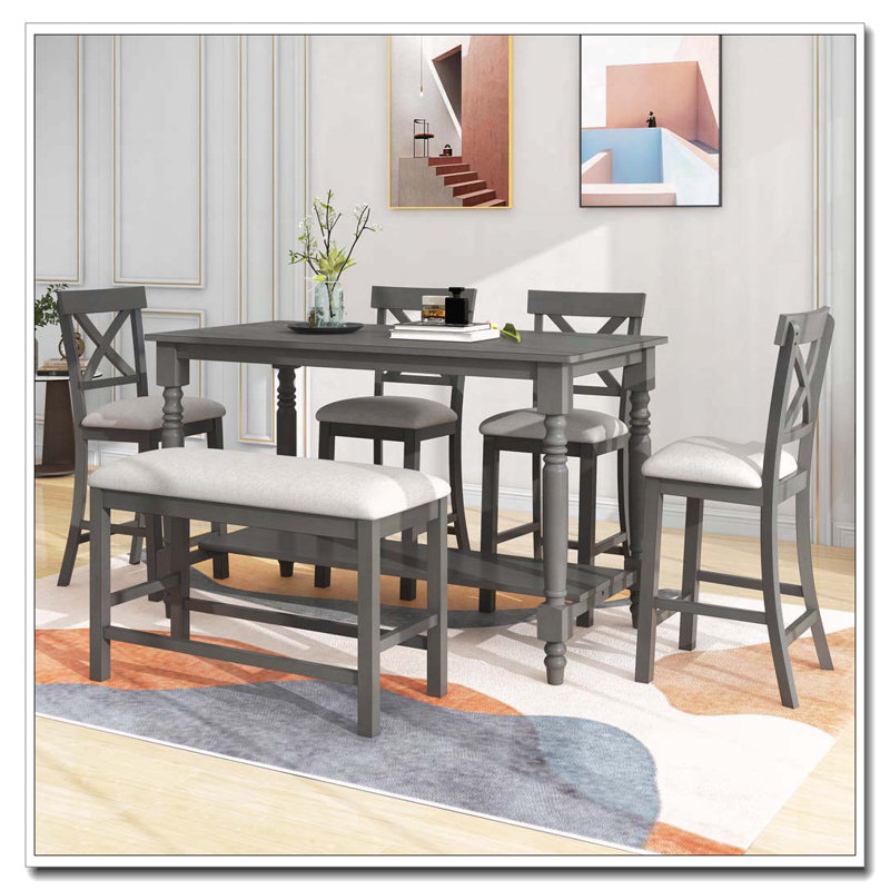 Ensemble de salle à manger 6 pièces à hauteur de comptoir avec tablette de rangement et chaises à dossier échelle (gris)