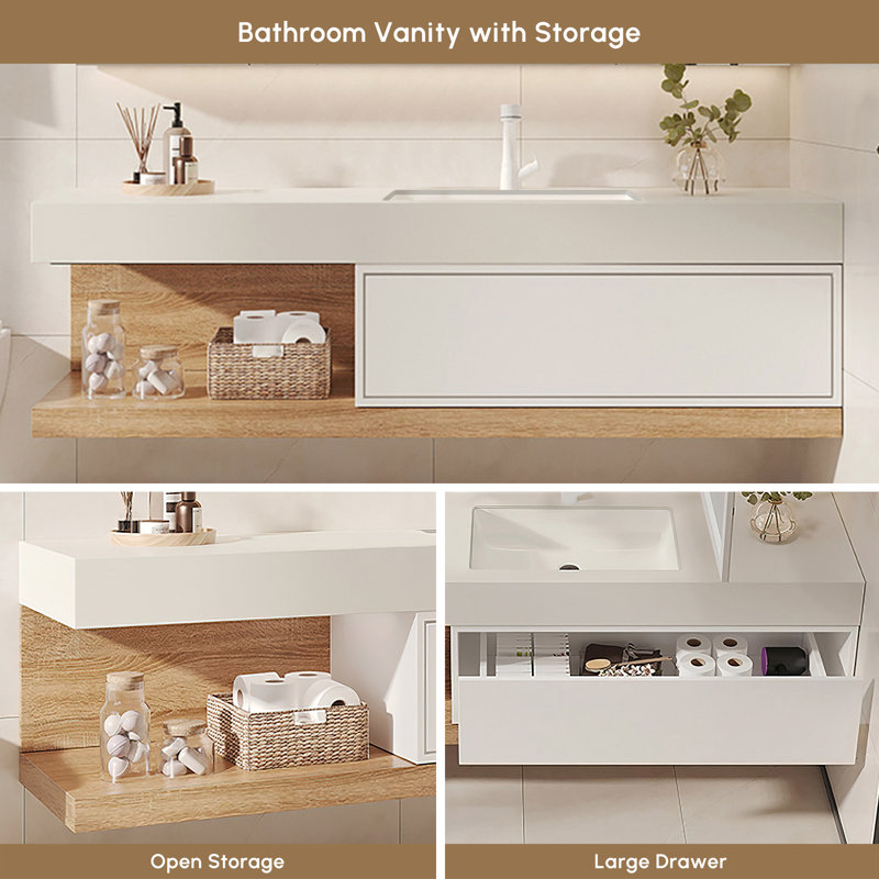 Ensemble de meuble-lavabo moderne flottant blanc et naturel avec lavabo 59 po