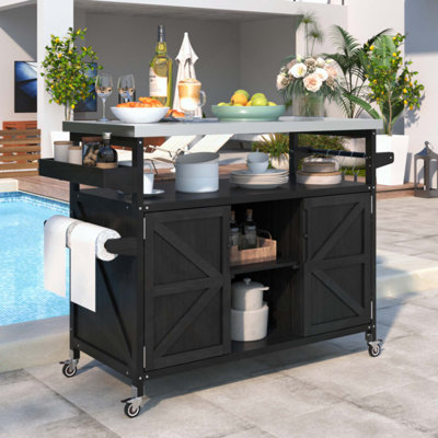 Îlot de cuisine extérieur, chariot à roulettes et armoire de rangement, table de barbecue d'extérieur en bois massif avec plateau en acier inoxydable, support à épices, porte-serviettes pour la cuisine et le barbecue