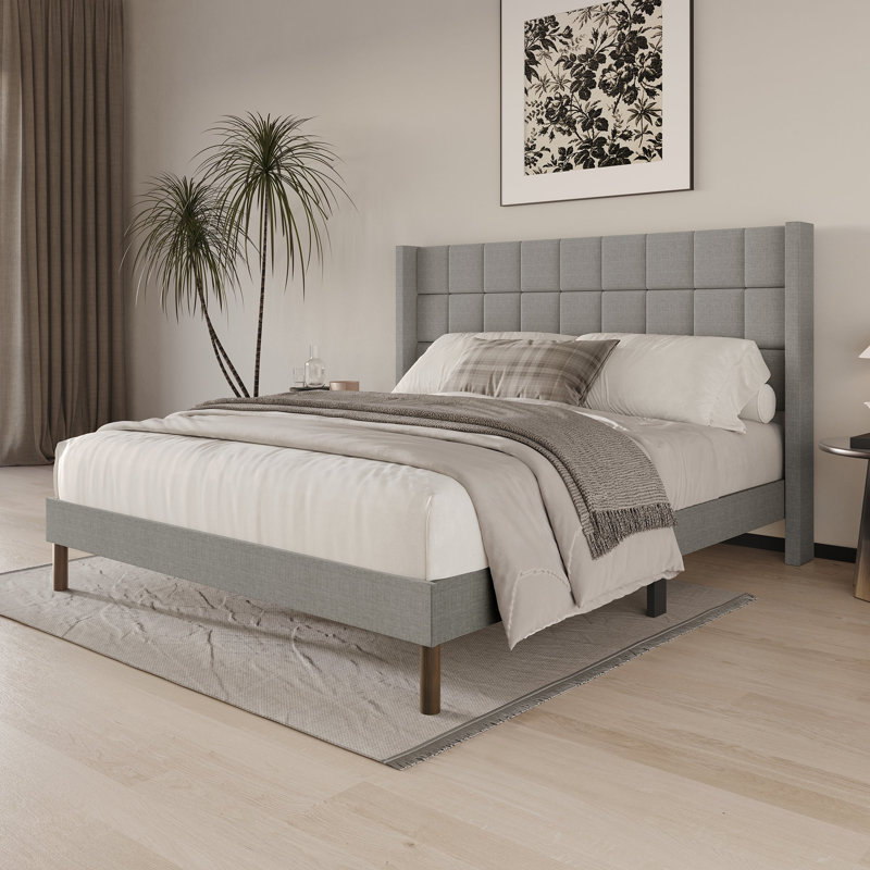 Linen Platform Wingback Bed , Full, Light Gray
