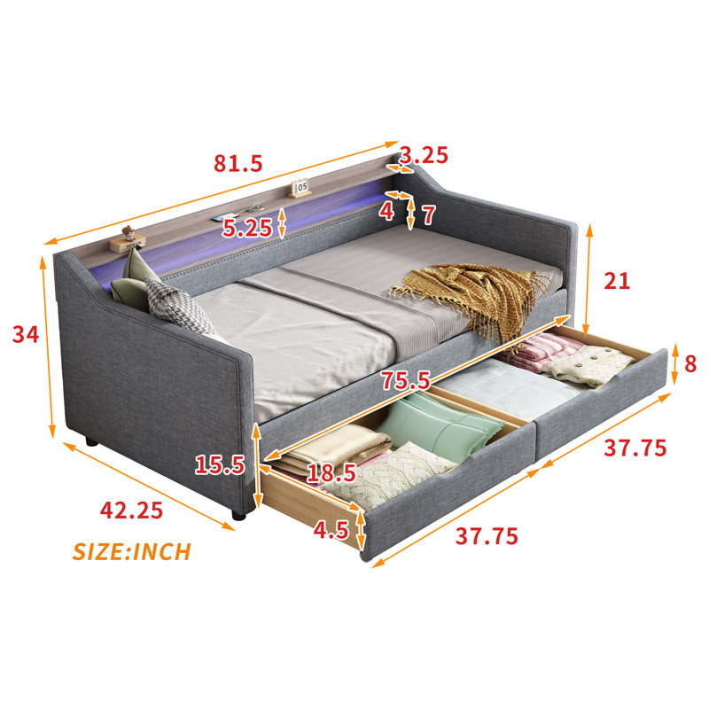 Twin Size Daybed With 2 Storage Drawers And 2-Tier Shelf & /USB/Type-C Port, Light Gray
