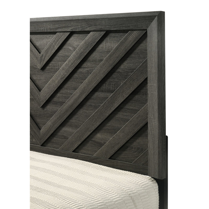 Cadre de grand lit avec finition gris rustique, motif de style géométrique et contemporain, Queen