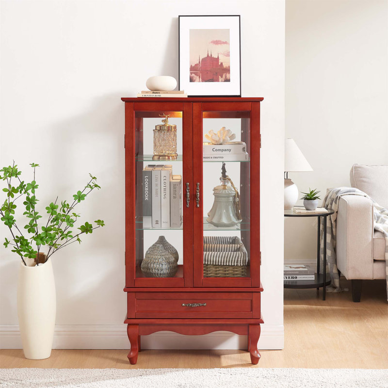 Armoire lumineuse en verre avec tablettes réglables et tiroir, présentoir à vin et à curiosités élégant, ampoule incluse