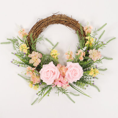 Artificial Hydrangea Rose Flowers Wreath, Hydrangea Floral Wreath with Rose, Green Leaves Small Wild Flowers Wreath, Spring Summer Wreath for Front Door Wedding Wall Home Decor, Christmas Decorations