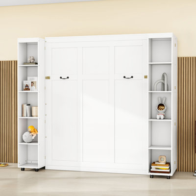 Grand lit escamotable en bois avec tablettes de rangement