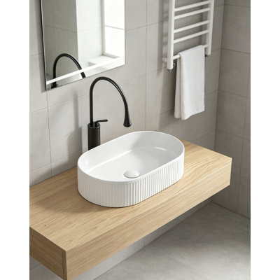 Oval Bathroom Sink Above Counter,19″ x 12″ White Porcelain Vessel Sink, Modern Vanity Bowl Sink, Art Ceramic Wash Basin