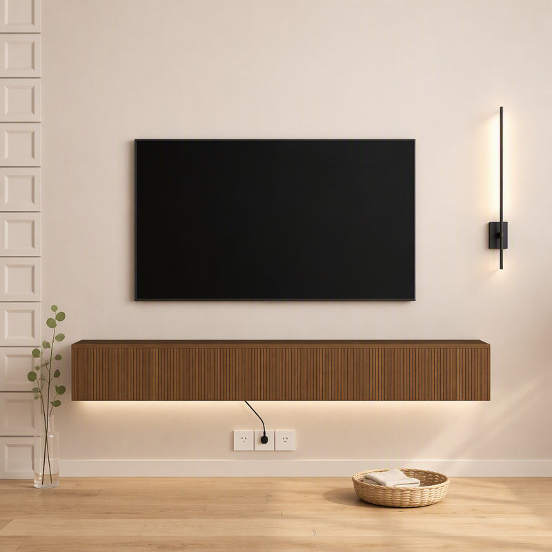 Support télé flottant, support TV mural avec 16 DEL de couleur pour téléviseur de 65 pouces, Bois - NOUVEAU 2