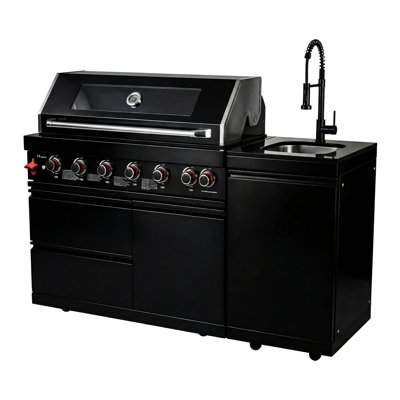 Barbecue de cuisine extérieur de 82 pouces avec 6 brûleurs, 85000, fabrication en acier inoxydable et grille de réchaud à gaz à température réglable pour brûleur réglable, lumières halogènes, roulette coulissante