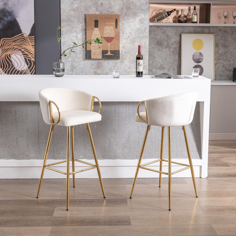 2 Stools, Footrest, Velvet + Golden Leg, Modern Seating Touch 2, Leg With Cozy, Counter Stool (26” Seat Height), Beige