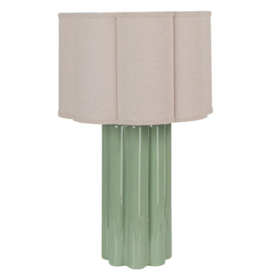 Lampe de table en grès cannelé 150 watts avec abat-jour festonné en lin et col pivotant