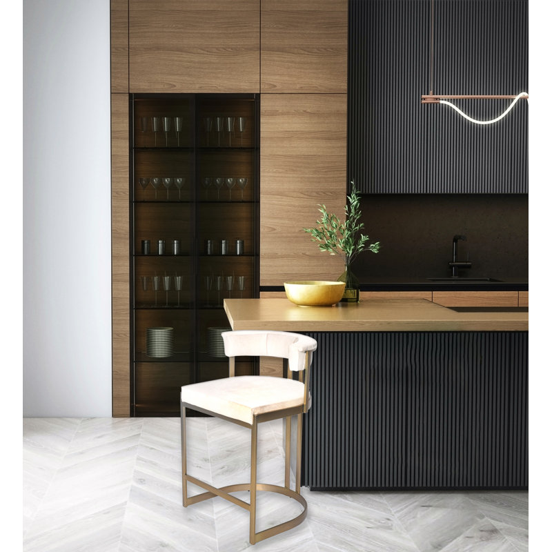 Chaise en acier inoxydable avec cuir de vache, Doré, Cuir véritable gris / blanc