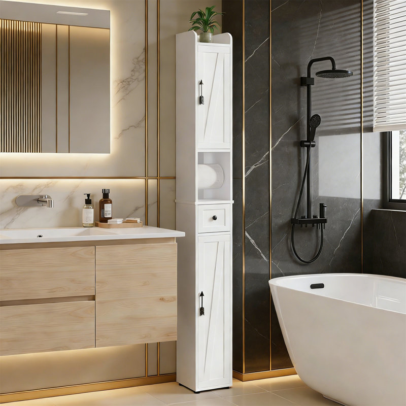 Tall Narrow Bathroom Cabinet With X-Frame Metal Design, Toilet Paper Holder, Magnetic Door, Drawer For Small Spaces - Pearl White