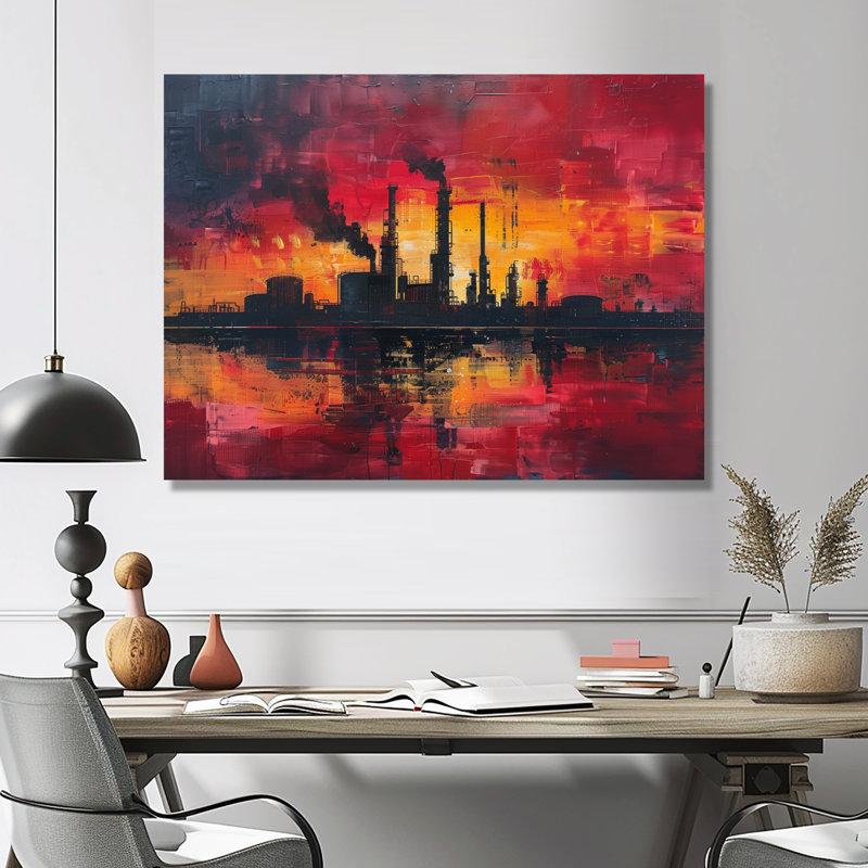 Jaune, rouge, production, pionniers, usines, usines, art mural, salon, Toile tendue, H 30 po x l 40 po x P 1,5 po