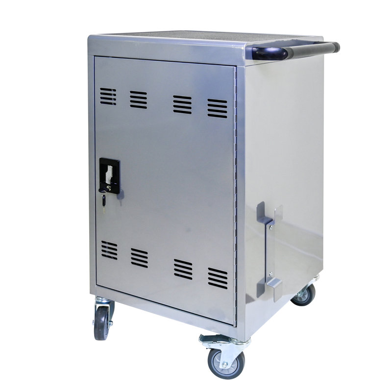 Armoire de charge pour tablette argentée - 35 chargeurs, verrous sécurisés, matériel de transport mobile