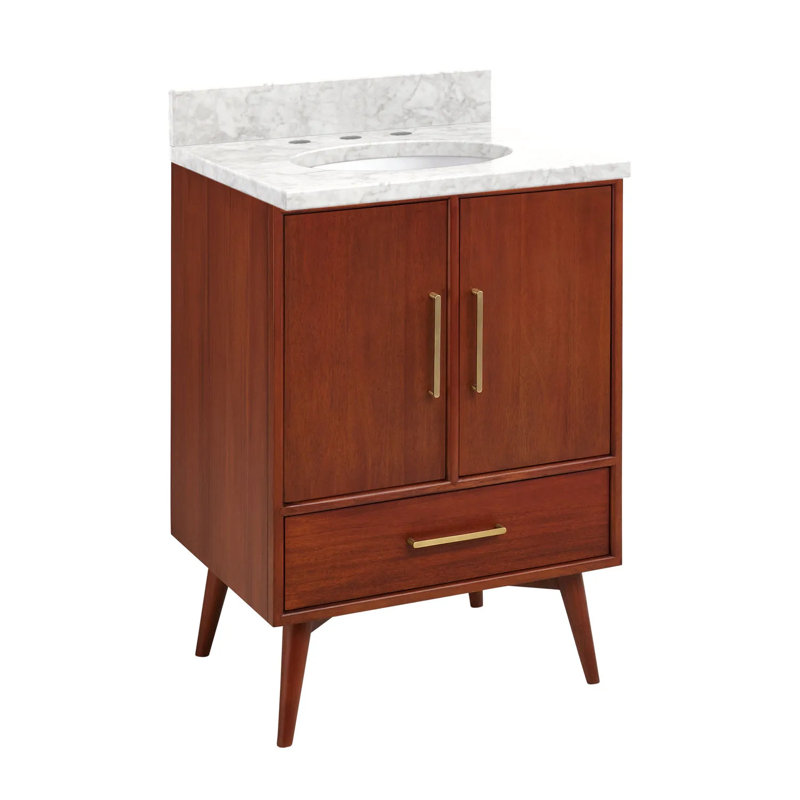 24" White Teak Bathroom Vanity with Carrara Marble Top