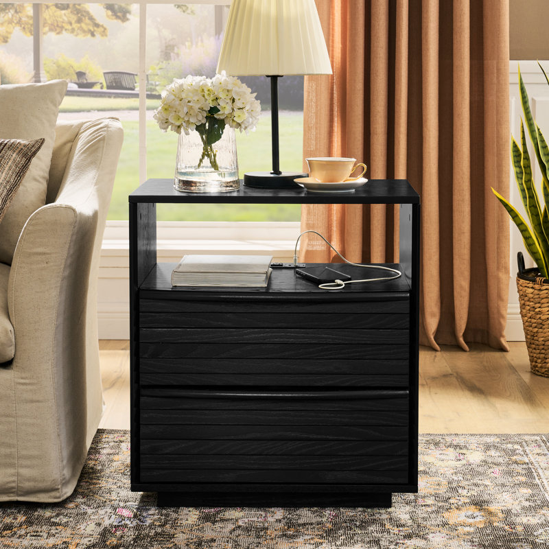 Table de bout moderne de style Mid-Century noir avec station de charge, 2 tiroirs en bois massif et design - imperméable, convient aux éléments de la table de chevet du dortoir, au grand espace de rangement ouvert