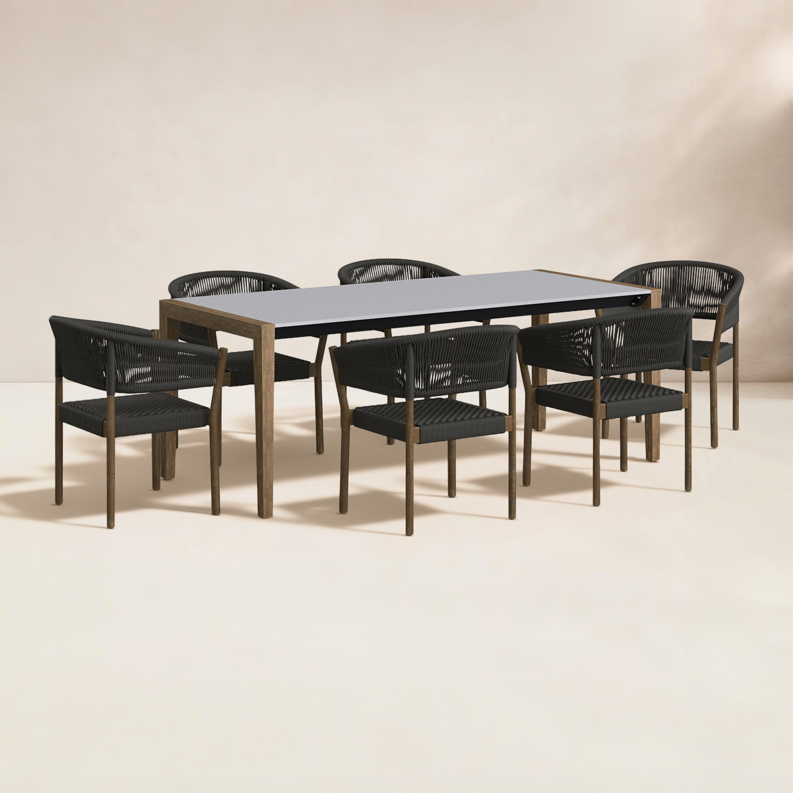 Izola 7 Piece Eucalyptus & Rope Outdoor Dining Set, Light Brown/Charcoal
