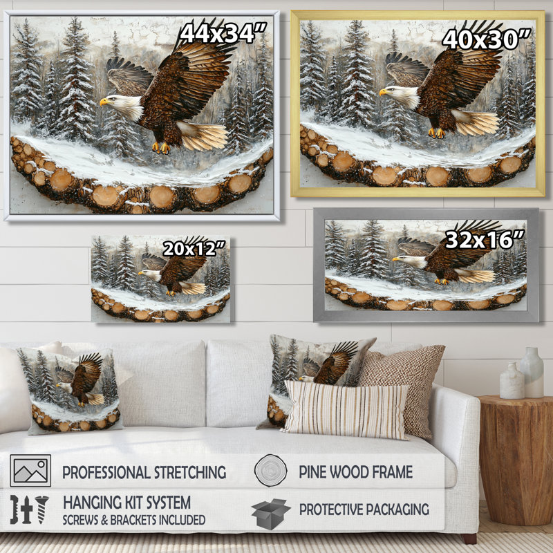 Aigle, esprit du vent dans la forêt hivernale IV - Aigle, art mural, H 12 po x l 20 po, Noir