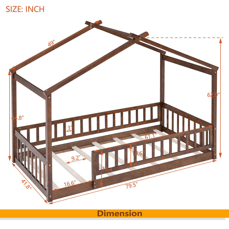 Wood Bed House Bed Frame With Fence, Walnut, Twin