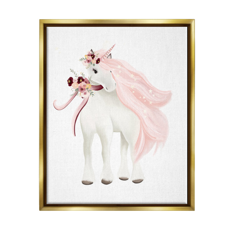 Licorne rose glamour par Studio Q, H 31 po x l 25 po x P 1,7 po, Cadre flottant métallique doré